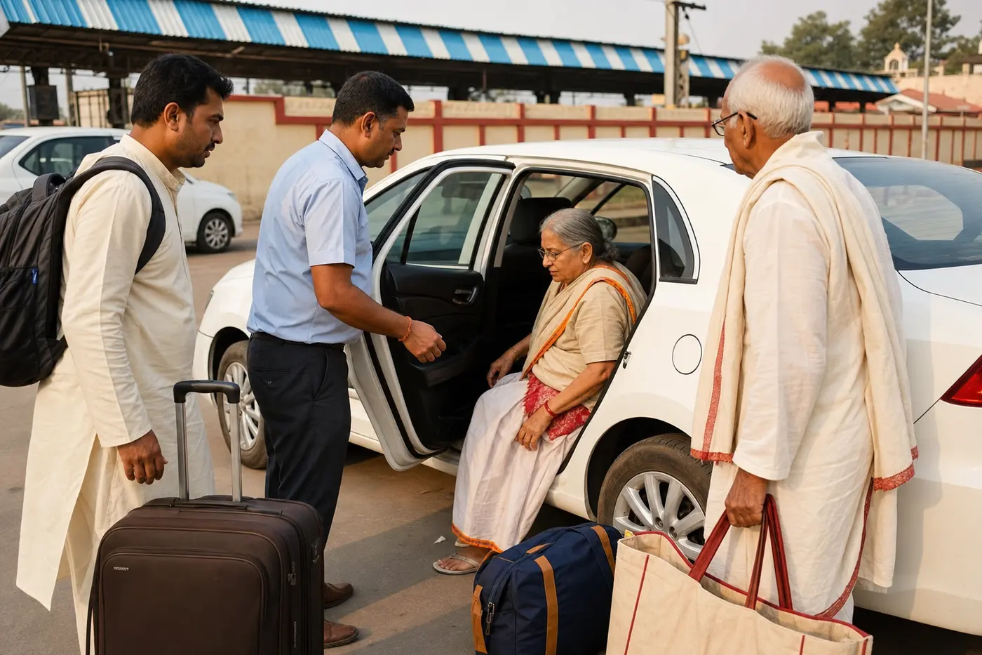 Pilgrim family being helped into a car in Gaya