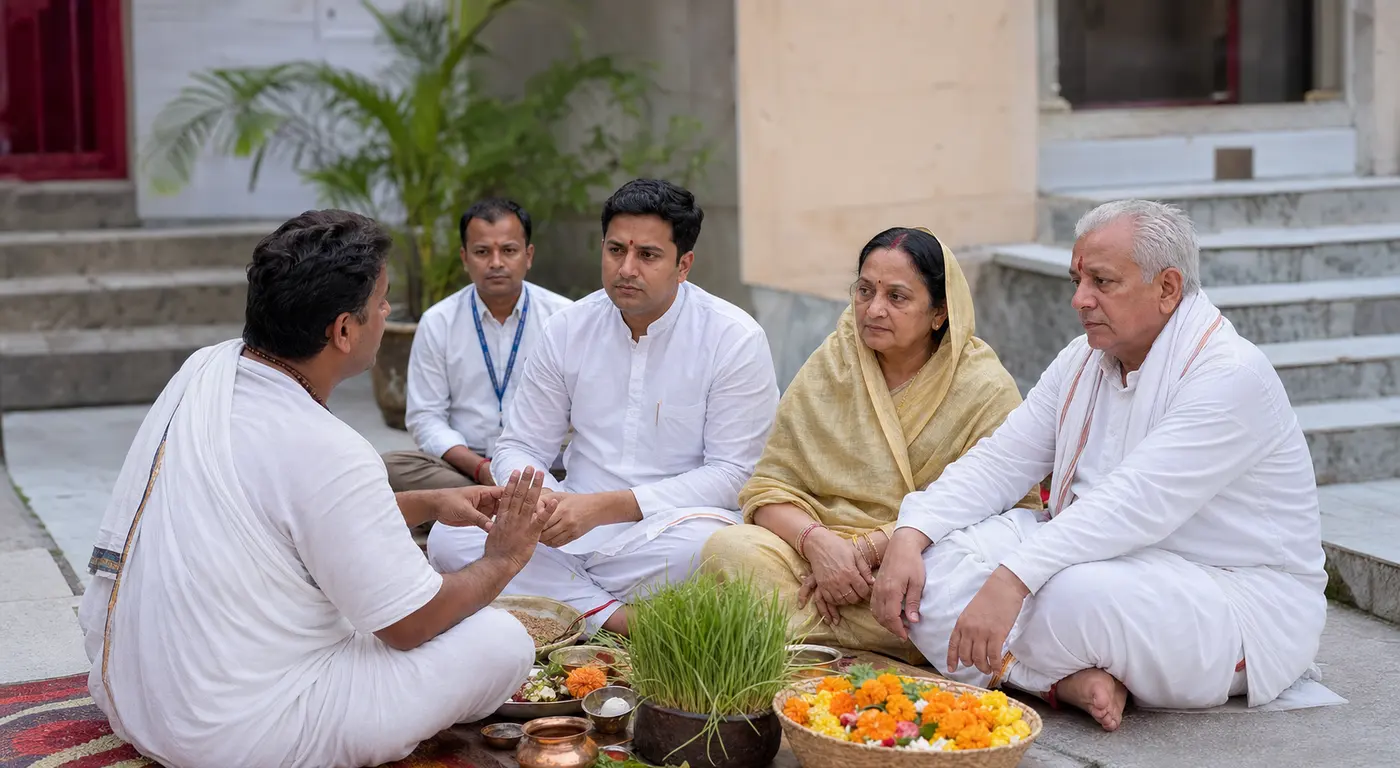 Pandaji guiding a pilgrim family before Pind Daan