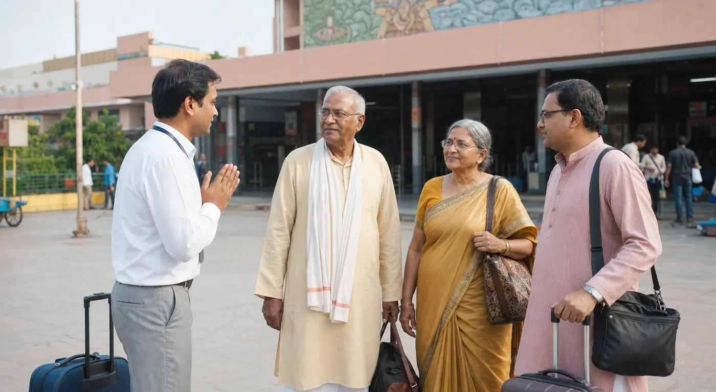 Vayu receiving a pilgrim family at Gaya railway station